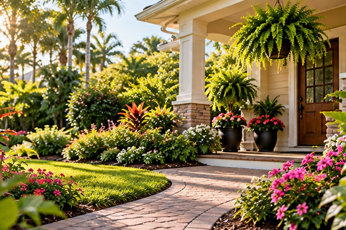 Welcoming landscaped home with colorful flowers
